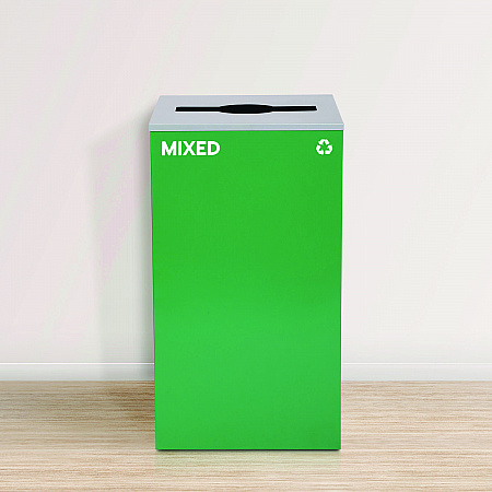 29 Gallon Trash/Recycling Cans, Steel, Blue Recycling and Green Mixed Recycling Can w/Mixed Lids, Black Trash Can w/Sq Lid (4450BLKKIT31)