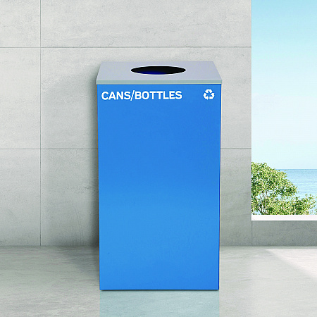 29 Gallon Trash/Recycling Cans, Steel, Blue Cans/Bottles with Circle Lid, Green Compost and Black Trash Cans with Square Lids (4450BLKKIT34)