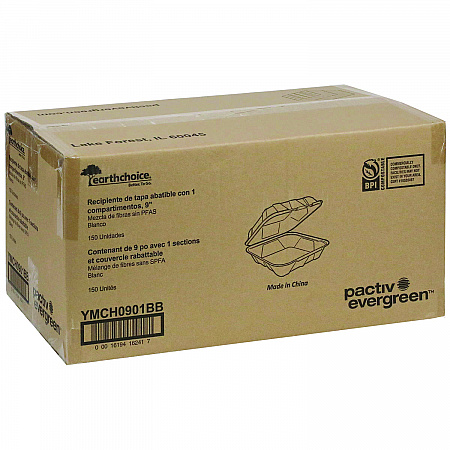 EarthChoice PFAS Free Compostable Hinged Lid Container, 9 x 9 x 3.5, White, Sugarcane, 150/Carton (YMCH0901BB)