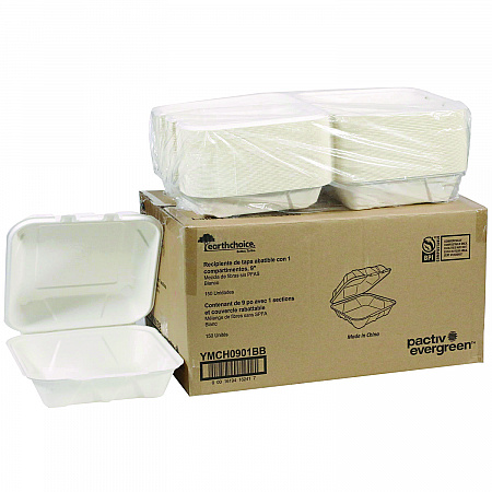 EarthChoice PFAS Free Compostable Hinged Lid Container, 9 x 9 x 3.5, White, Sugarcane, 150/Carton (YMCH0901BB)