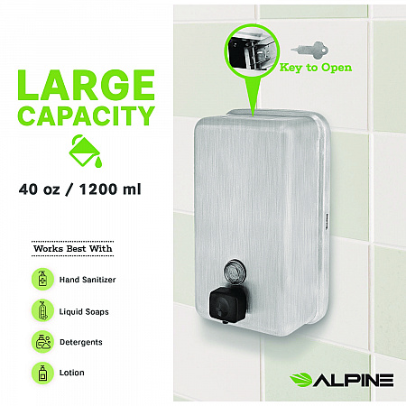 Vertical Manual Surface-Mounted Stainless Steel Liquid Soap Dispenser, 40 oz, 2.8 x 4.8 x 8.1, Brushed Stainless Steel (ALP423SSB)