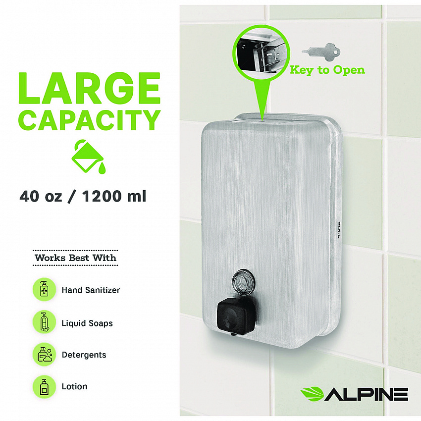 Vertical Manual Surface-Mounted Stainless Steel Liquid Soap Dispenser, 40 oz, 2.8 x 4.8 x 8.1, Brushed Stainless Steel (ALP423SSB)
