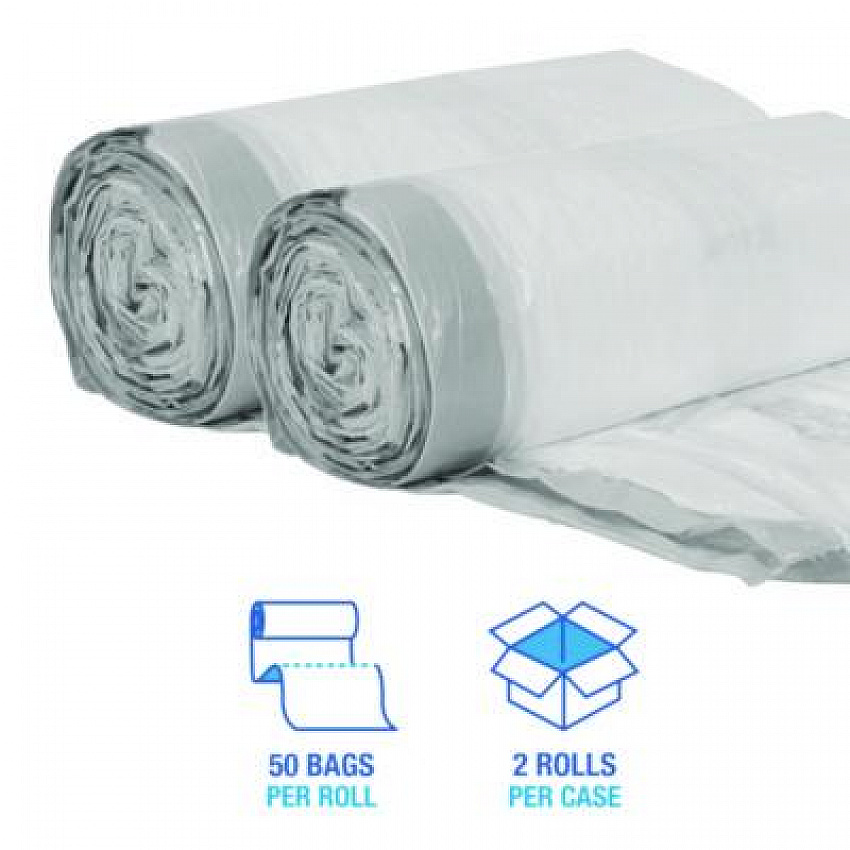 Drawstring Kitchen Bags/Liners, Drawstring, 13 gal, 24" x 28", White, 50 Bags/Roll, 2 Rolls/Carton (1DK100)