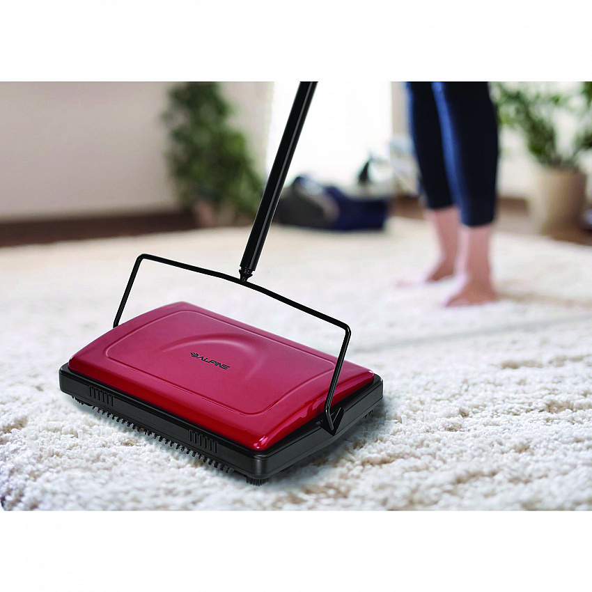 Manual Triple Brush Carpet and Floor Sweeper, 42.5" Handle, Red (ALP469REDNEW)