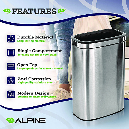 Stainless Steel Rectangular Liner Open Top Trash Can, 10.5 gal, Brushed Stainless Steel (ALP47040L)
