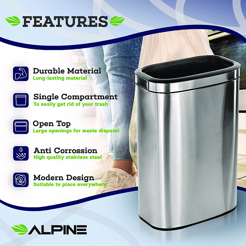 Stainless Steel Rectangular Liner Open Top Trash Can, 10.5 gal, Brushed Stainless Steel (ALP47040L)