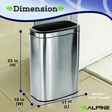 Stainless Steel Rectangular Liner Open Top Trash Can, 10.5 gal, Brushed Stainless Steel (ALP47040L)