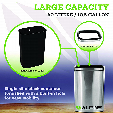 Stainless Steel Rectangular Liner Open Top Trash Can, 10.5 gal, Brushed Stainless Steel (ALP47040L)