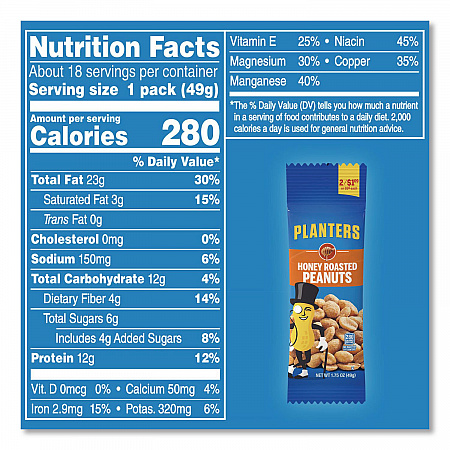 Honey Roasted Peanuts, 1.75 oz Tube, 18/Box (20900625)