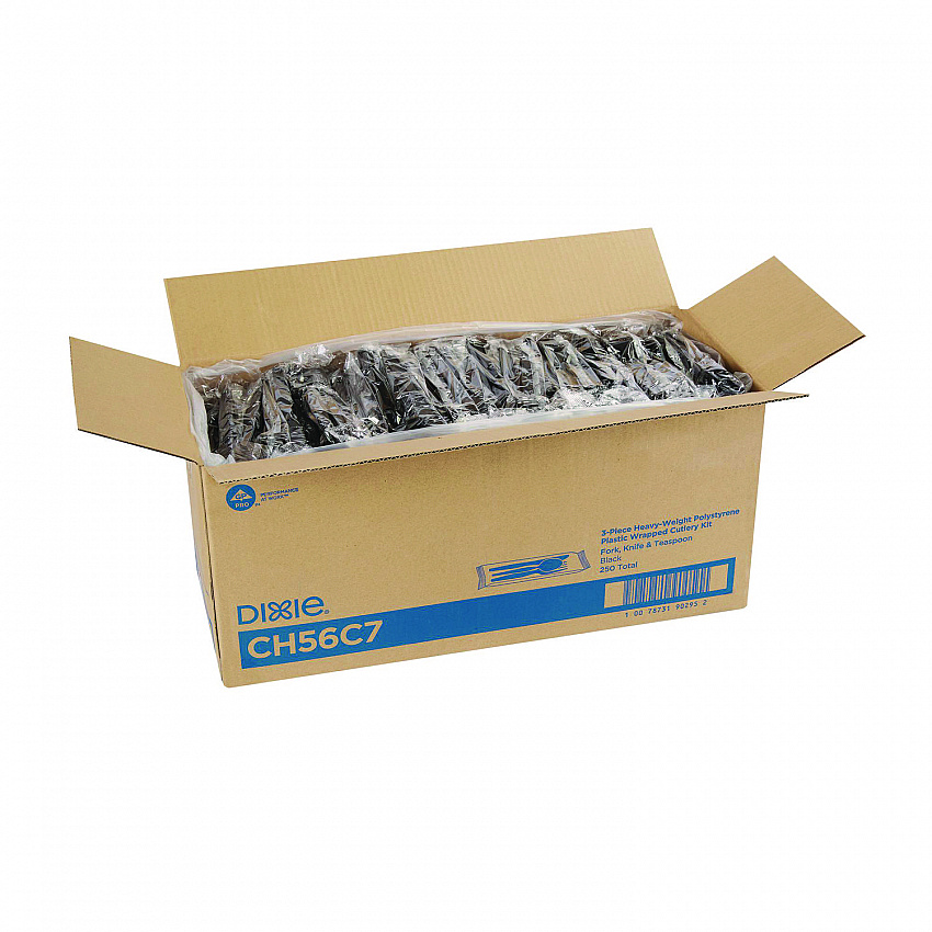 Individually Wrapped Heavyweight Cutlery Set, Fork/Knife/Spoon, Plastic, Black, 250/Carton (CH56C7)