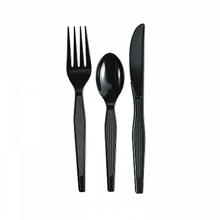 Individually Wrapped Heavyweight Cutlery Set, Fork/Knife/Spoon, Plastic, Black, 250/Carton (CH56C7)