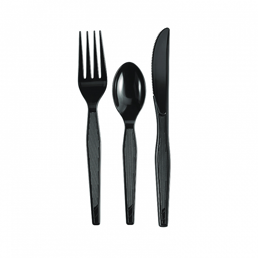 Individually Wrapped Heavyweight Cutlery Set, Fork/Knife/Spoon, Plastic, Black, 250/Carton (CH56C7)