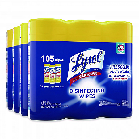 Disinfecting Wipes, 1-Ply, 7 x 7.25, Lemon and Lime Blossom, White, 35 Wipes/Canister, 3 Canisters/Pack, 4 Packs/Carton (82159CT)