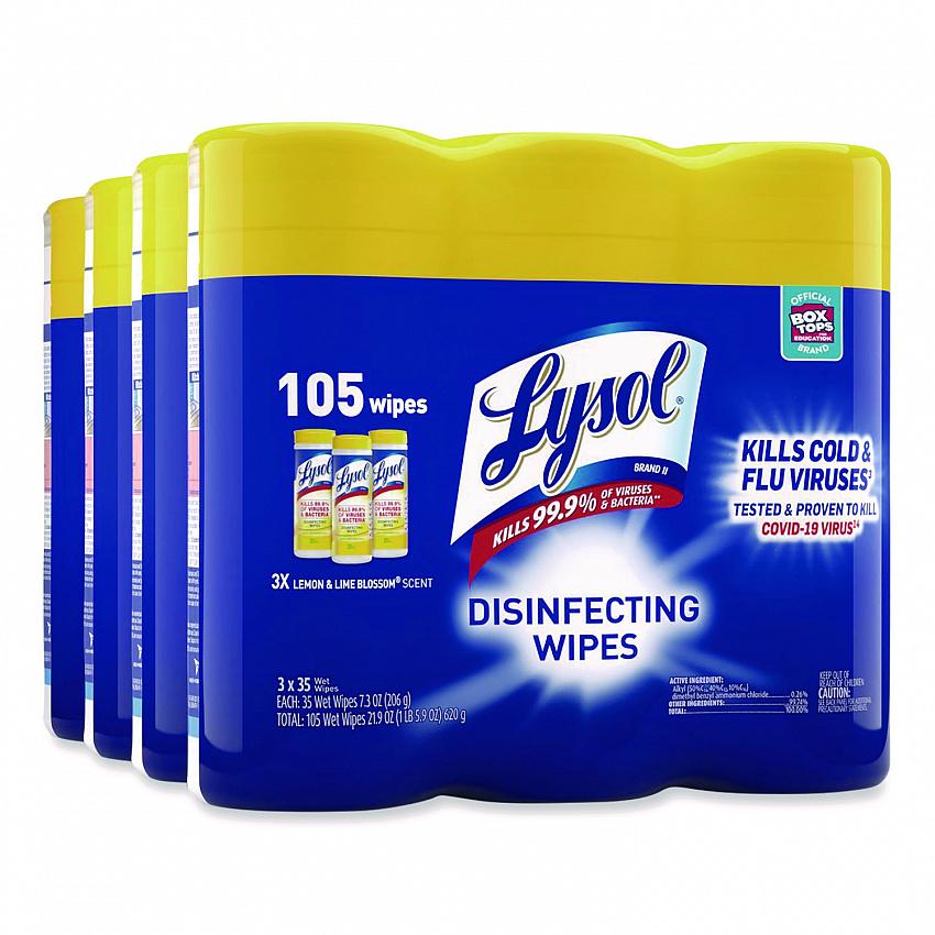 Disinfecting Wipes, 1-Ply, 7 x 7.25, Lemon and Lime Blossom, White, 35 Wipes/Canister, 3 Canisters/Pack, 4 Packs/Carton (82159CT)
