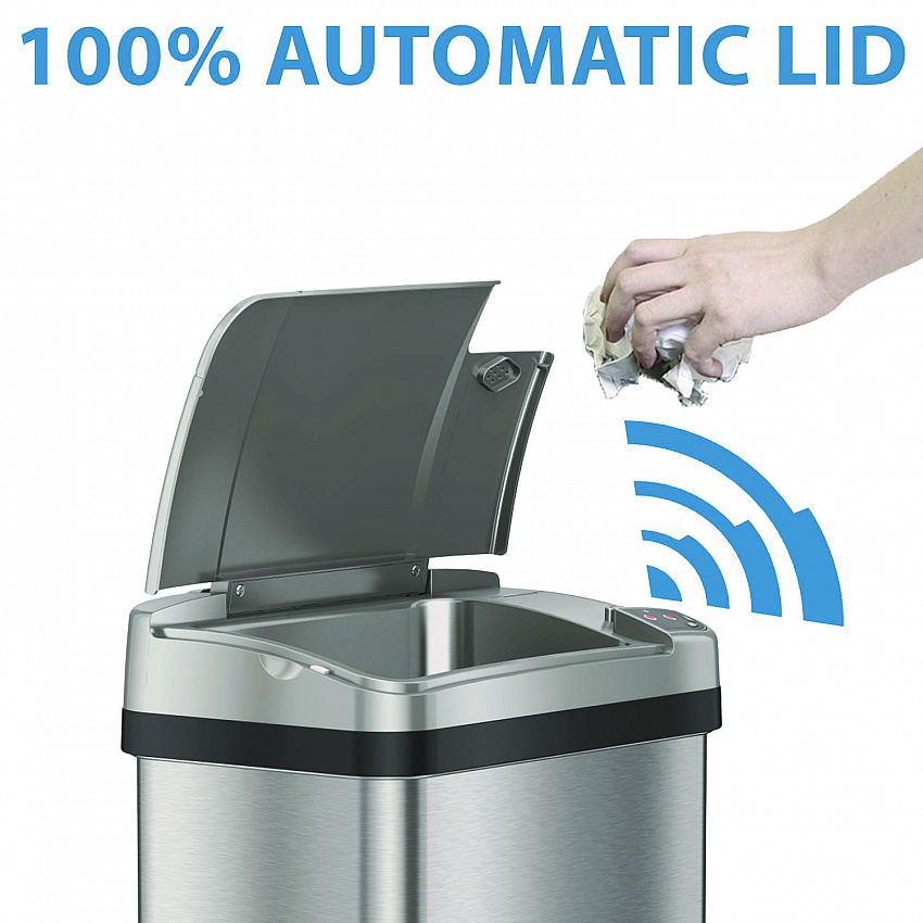 Rectangular Sensor Trash Can, 2.5 gal, Plastic, Silver (HLS02SS)