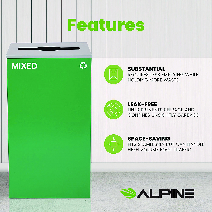 29 Gallon Trash/Recycling Cans, Steel, Green Mixed Recycling Can with Mixed Lid (4450KITGRNMM)