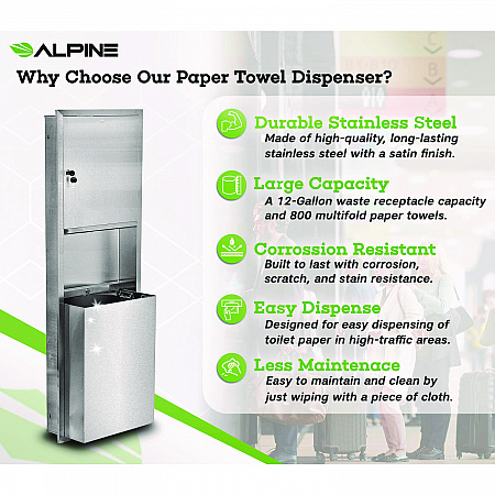 Stainless Steel Recessed Paper Towel Dispenser with Waste Receptacle, 56 x 4 x 17 (ALP492)