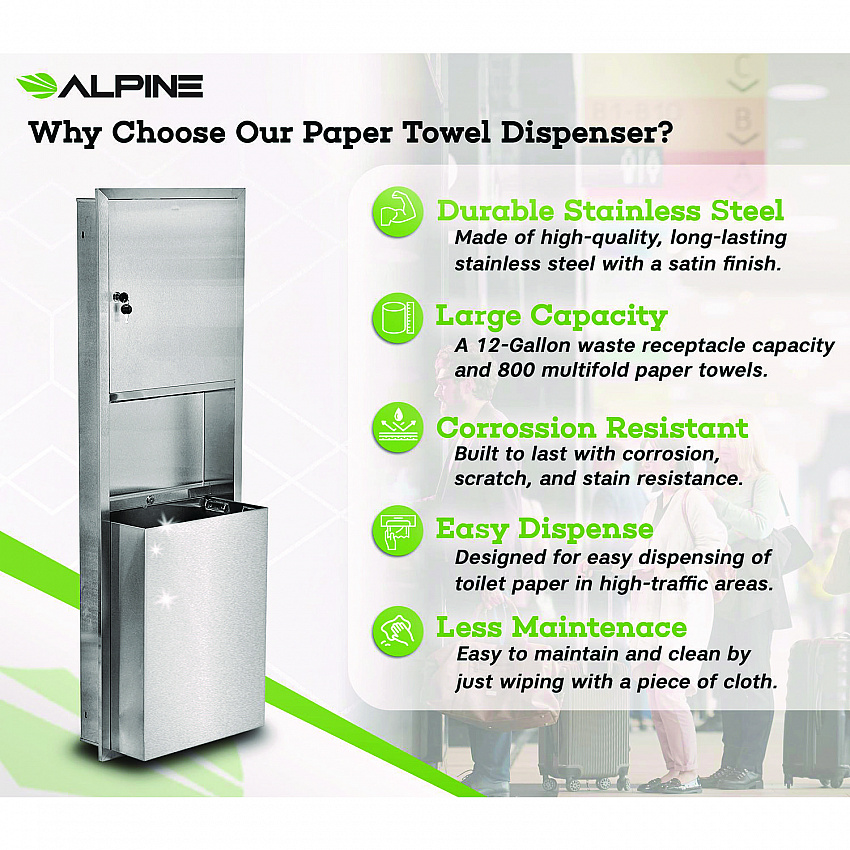 Stainless Steel Recessed Paper Towel Dispenser with Waste Receptacle, 56 x 4 x 17 (ALP492)