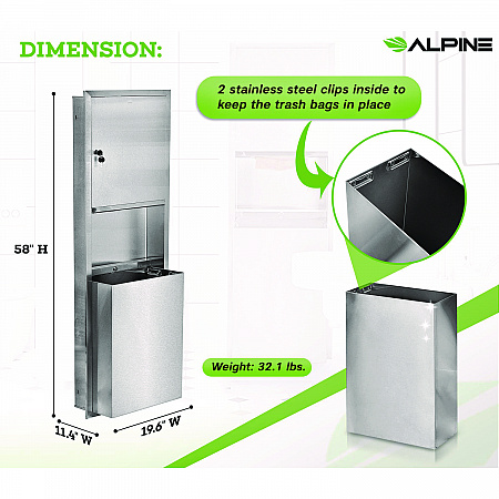 Stainless Steel Recessed Paper Towel Dispenser with Waste Receptacle, 56 x 4 x 17 (ALP492)