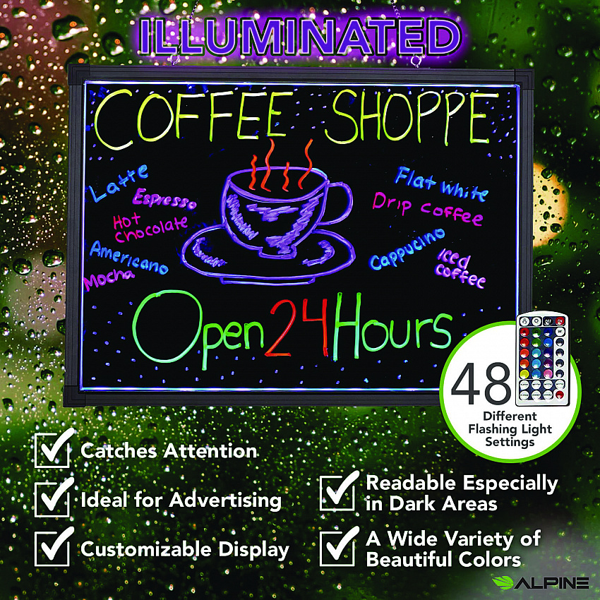 LED Illuminated Hanging Message Writing Board, Black 26" x 18" Surface, Black 27.6" x 19.7" Frame (ALP49503)