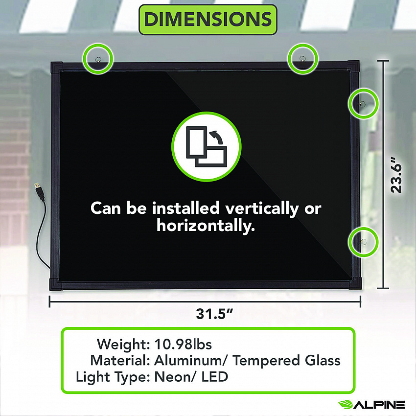 LED Illuminated Hanging Message Writing Board, Black 22" x 30" Surface, Black 23.6" x 31.5" Frame (ALP49504)