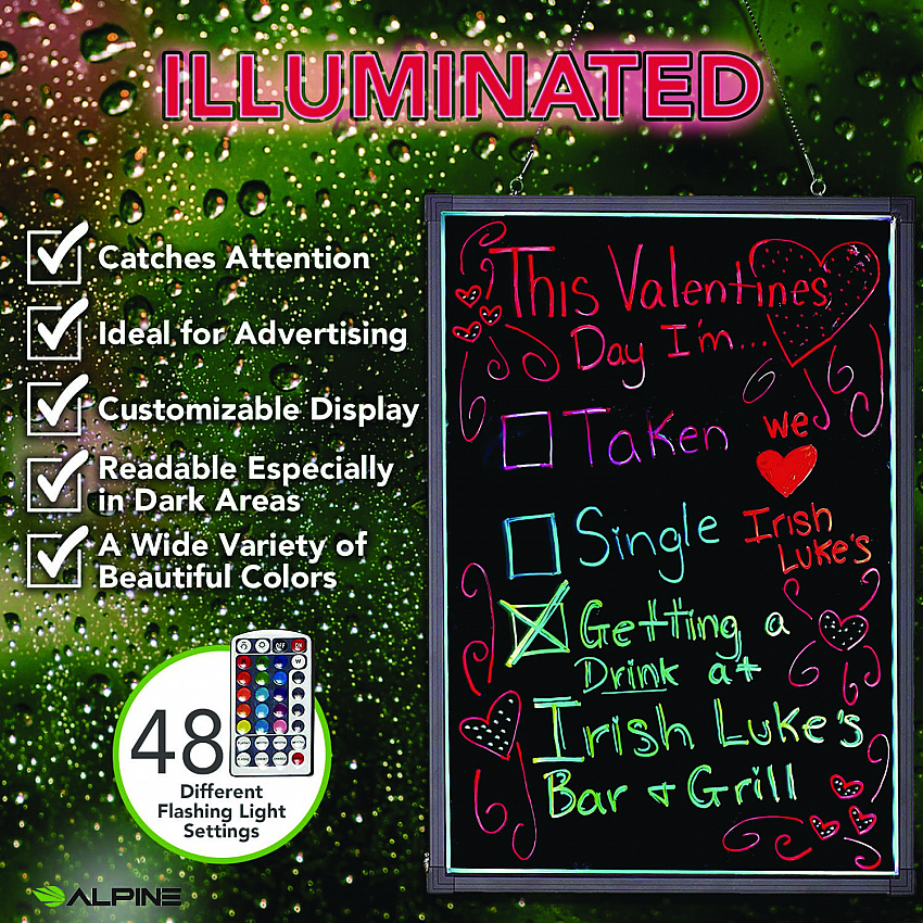 LED Illuminated Hanging Message Writing Board, Black 22" x 30" Surface, Black 23.6" x 31.5" Frame (ALP49504)