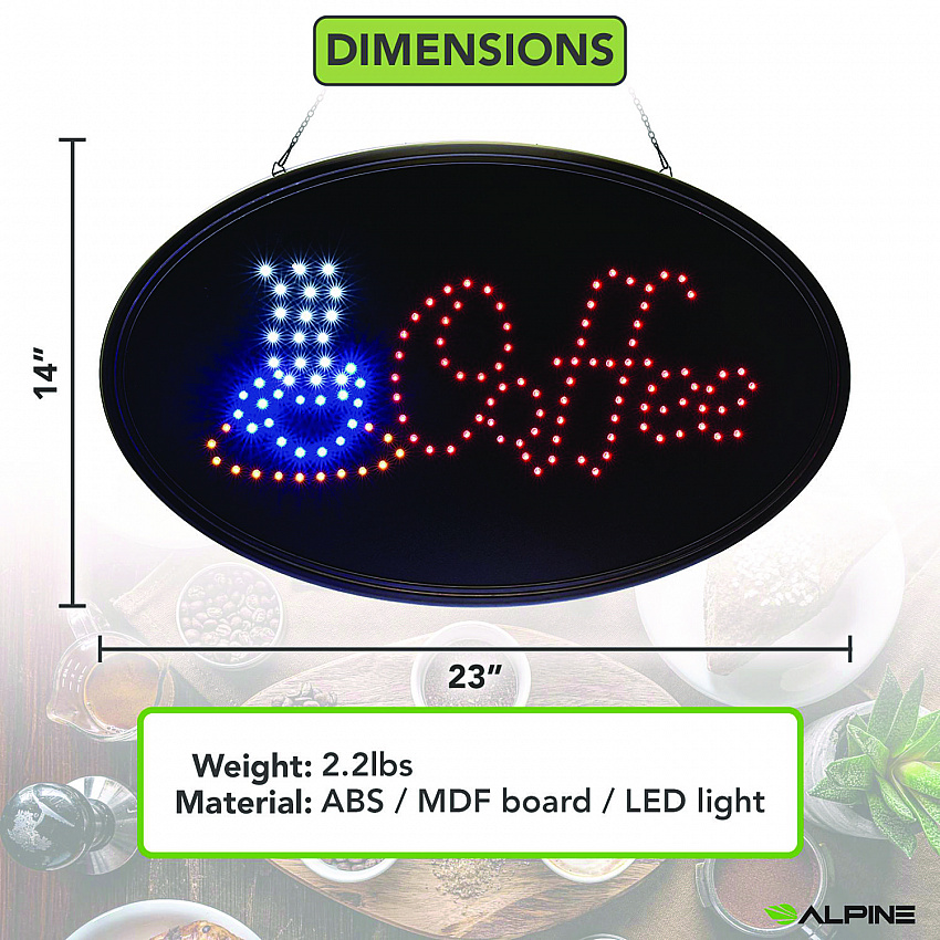 LED Oval Coffee Sign, 23 x 14, Black Frame, Blue/Red Graphics (ALP49705)