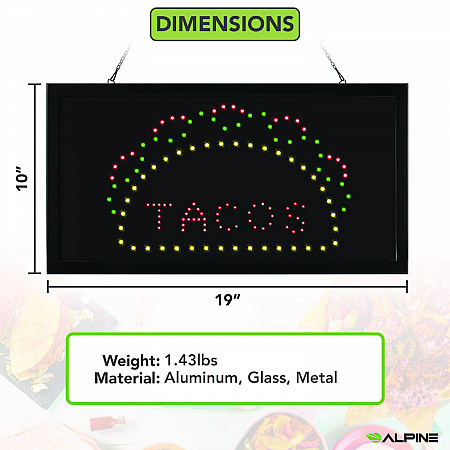 LED Rectangular TACO Sign, 19 x 10, Black Frame, Green/Red/Yellow Graphics (ALP49711)
