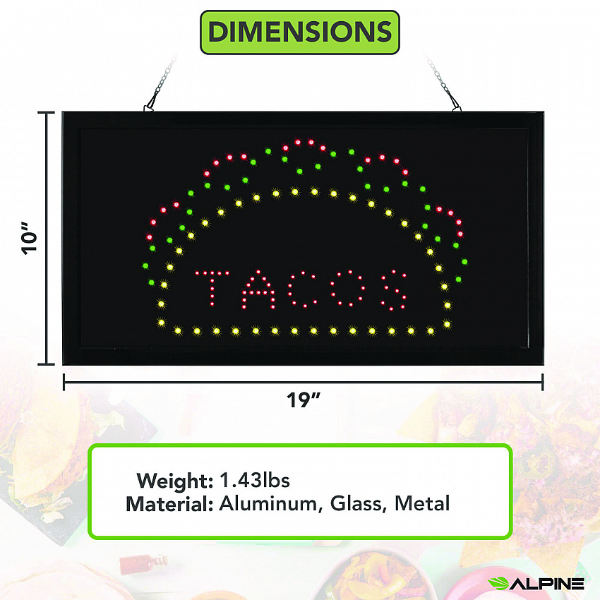 LED Rectangular TACO Sign, 19 x 10, Black Frame, Green/Red/Yellow Graphics (ALP49711)