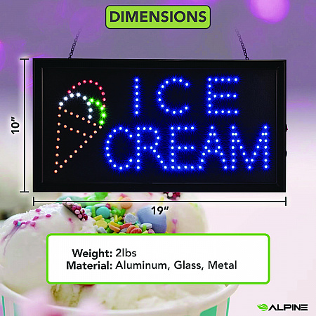 LED Rectangular Ice Cream Sign, 19 x 10, Black Frame, Blue/Green/Orange/Red/White Graphics (ALP49713)