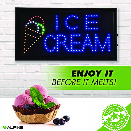 LED Rectangular Ice Cream Sign, 19 x 10, Black Frame, Blue/Green/Orange/Red/White Graphics (ALP49713)