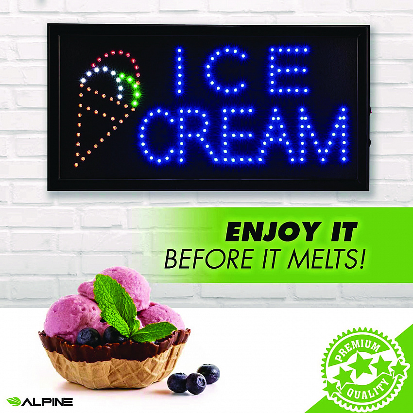 LED Rectangular Ice Cream Sign, 19 x 10, Black Frame, Blue/Green/Orange/Red/White Graphics (ALP49713)