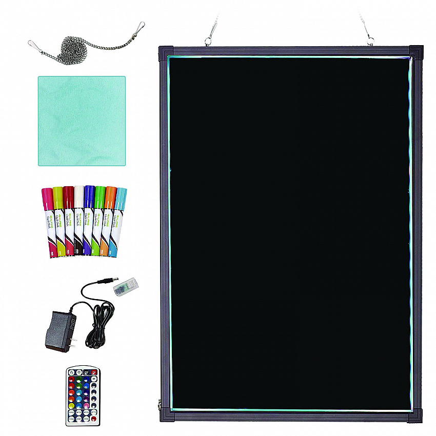 LED Illuminated Hanging Message Writing Board, Black 22" x 30" Surface, Black 23.6" x 31.5" Frame (ALP49504)