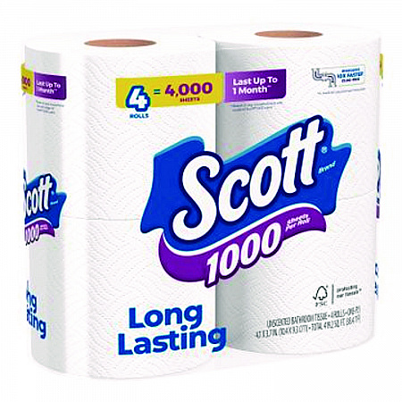 1000 Bathroom Tissue, Septic Safe, 1-Ply, White, 1,000 Sheets/Roll, 4 Rolls/Pack, 12 Packs/Carton (10183)