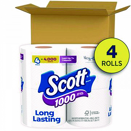 1000 Bathroom Tissue, Septic Safe, 1-Ply, White, 1,000 Sheets/Roll, 4 Rolls/Pack, 12 Packs/Carton (10183)