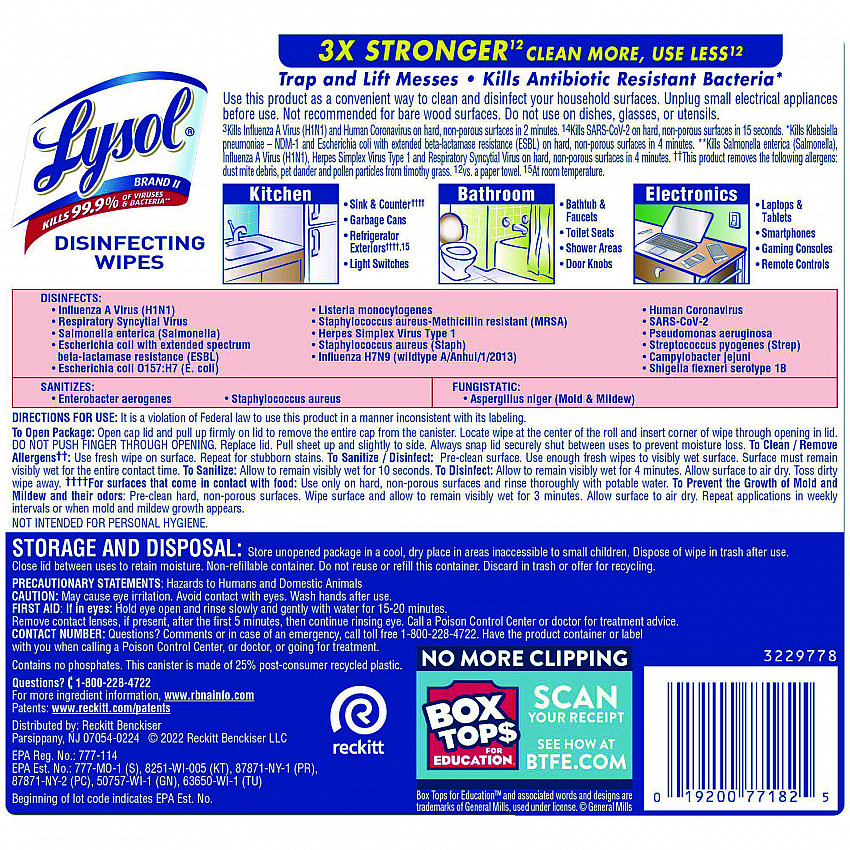 Disinfecting Wipes, 1 Ply, 7 x 7.25, Lemon and Lime Blossom, White, 80 Wipes/Canister, 6 Canisters/Carton (77182CT)