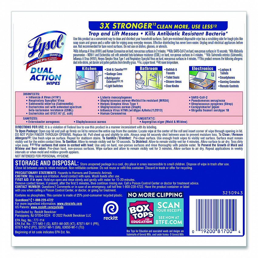 Dual Action Disinfecting Wipes, 1-Ply, 7 x 7.25, Citrus, White/Purple, 75/Canister (81700)