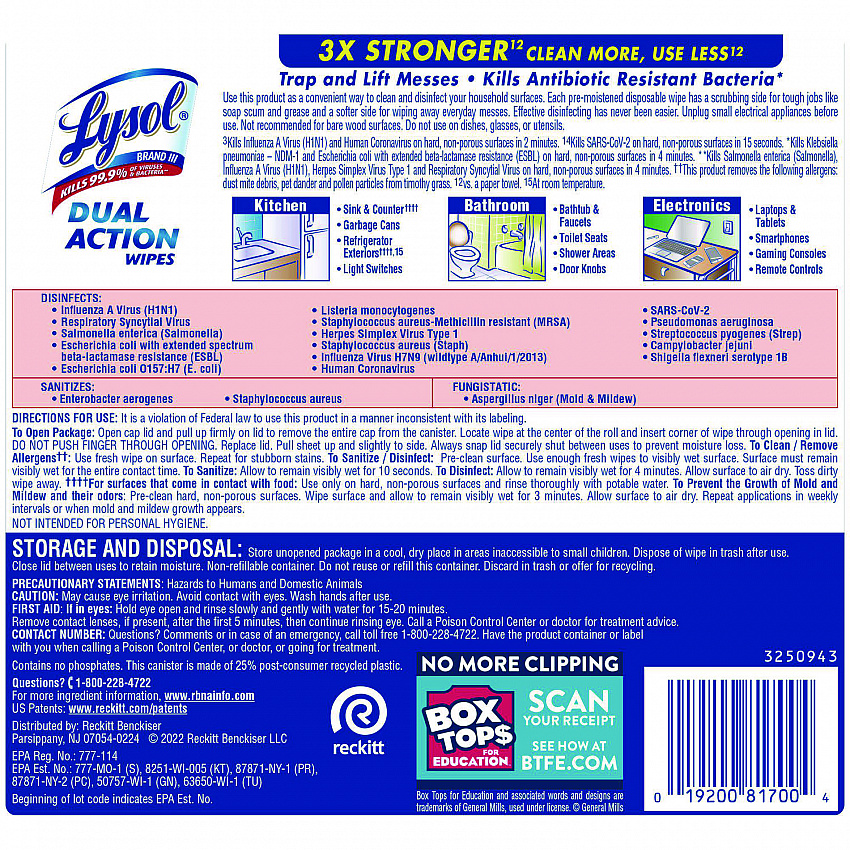 Dual Action Disinfecting Wipes, 1-Ply, 7 x 7.25, Citrus, White/Purple, 75/Canister, 6 Canisters/Carton (81700CT)