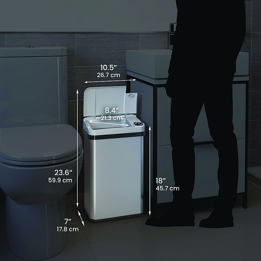 Rectangular Sensor Trash Can, 4 gal, Plastic/Stainless Steel, Silver (HLS04SS)