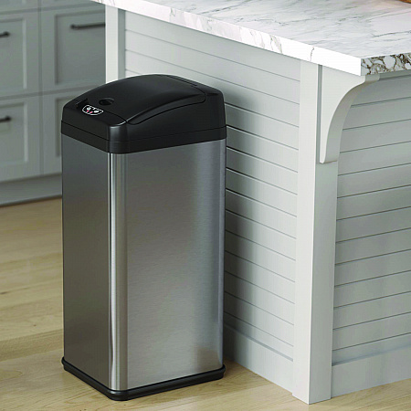 Sensor Trash Can, Rectangular, 13 gal, Plastic/Stainless Steel, Silver (HLS13MX)