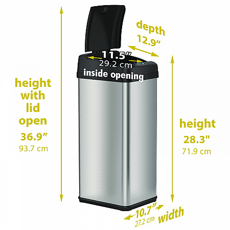 Sensor Trash Can, Rectangular, 13 gal, Plastic/Stainless Steel, Silver (HLS13MX)