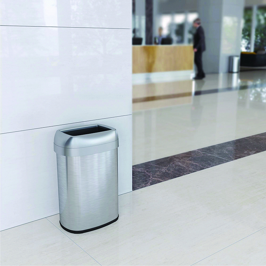 Open Top Trash Can with Wheels, Oval, 13 gal, Plastic/Stainless Steel, Silver (HLS13STVM)