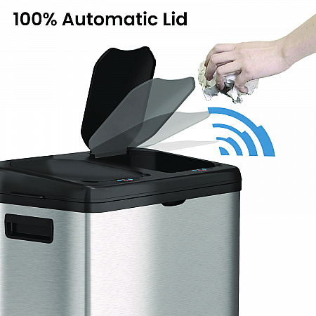 Dual Compartment Sensor Recycle Bin and Trash Can with Wheels, 16 gal, Plastic/Stainless Steel, Silver/Black (HLS16DCSS)