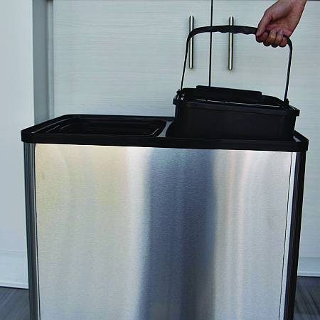 Dual Compartment Sensor Recycle Bin and Trash Can with Wheels, 16 gal, Plastic/Stainless Steel, Silver/Black (HLS16DCSS)