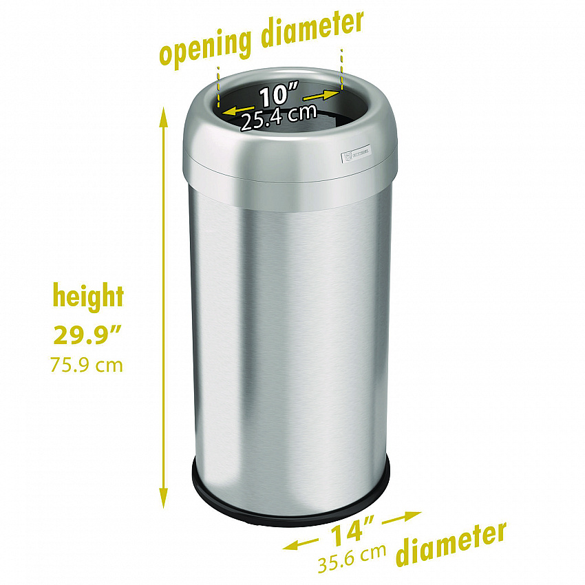 Open Top Trash Can, Round, 16 gal, Plastic/Stainless Steel, Silver (HLS16STR)