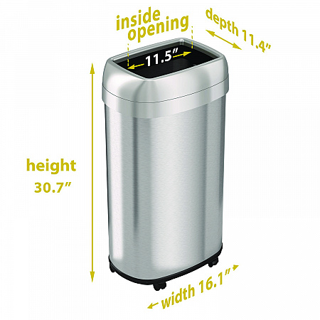 Open Top Trash Can with Wheels, Oval, 16 gal, Plastic/Stainless Steel, Silver (HLS16STVM)