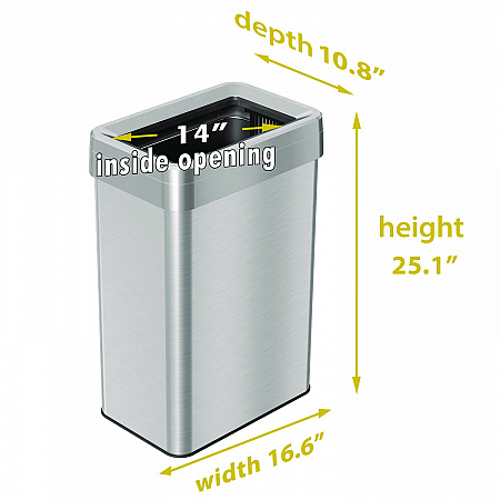 Open Top Trash Can, Rectangular, 16 gal, Plastic/Stainless Steel, Silver (HLS16UOT)