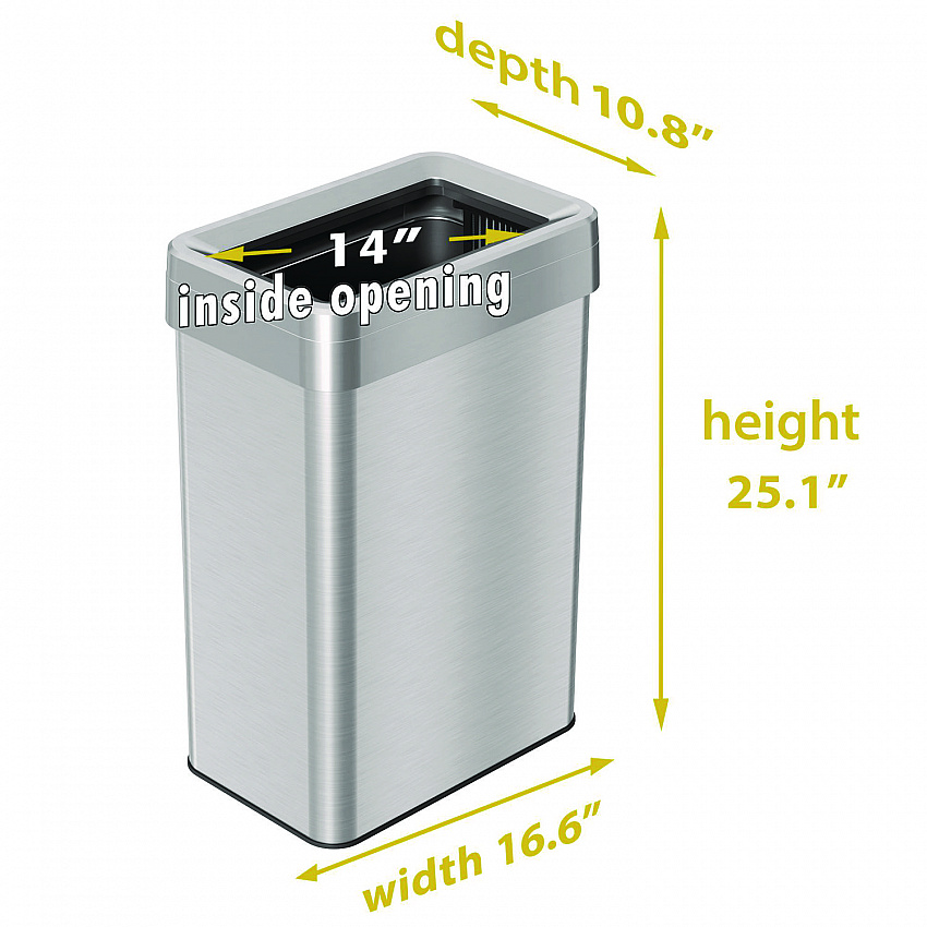 Open Top Trash Can, Rectangular, 16 gal, Plastic/Stainless Steel, Silver (HLS16UOT)