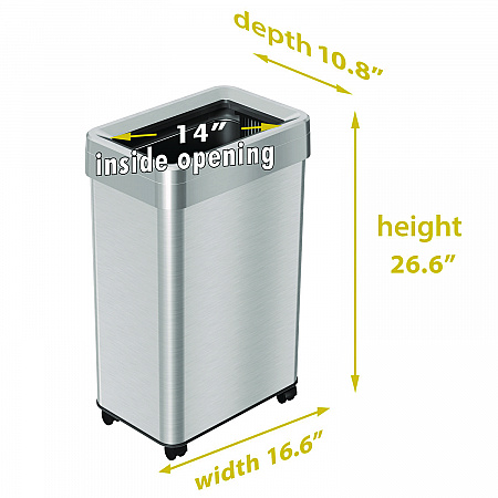 Open Top Trash Can with Wheels, Rectangular, 16 gal, Plastic/Stainless Steel, Silver (HLS16UOTM)