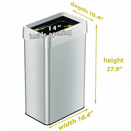 Open Top Trash Can, Rectangular, 18 gal, Plastic/Stainless Steel, Silver (HLS18UOT)